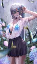 Rule 34 | 1girl, arm up, bikini, bikini under clothes, black skirt, blue bikini, blue eyes, blue nails, breasts, cleavage, cowboy shot, earrings, fish, fish hair ornament, flower, flower request, grey hair, grin, hair between eyes, hair ornament, hairclip, highres, ironatsuki, jewelry, large breasts, long hair, multicolored hair, nail polish, original, outdoors, partially unbuttoned, pleated skirt, ponytail, rain, sardine, school uniform, see-through, see-through shirt, shirt, shirt tucked in, short sleeves, skirt, smile, solo, straight hair, streaked hair, swimsuit, thighs, twitter username, two-tone hair, very long hair, water, wet, wet clothes, white shirt