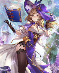 Rule 34 | 1girl, black gloves, black thighhighs, blush, book, breasts, brown hair, cleavage, commentary, dress, electricity, electro (genshin impact), genshin impact, gloves, green eyes, hanh chu, hat, hat belt, highres, lightning, lisa (genshin impact), long hair, looking at viewer, medium breasts, mixed-language commentary, multicolored clothes, multicolored dress, smile, solo, thighhighs, vision (genshin impact), witch, witch hat