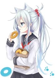 Rule 34 | 10s, 1girl, alternate hairstyle, animal ears, bag, black skirt, blue eyes, blue hair, blush, brand name imitation, cat ears, doughnut, english text, food, food on face, from side, hair between eyes, hibiki (kancolle), holding, holding food, kantai collection, kemonomimi mode, long hair, long sleeves, looking to the side, neckerchief, open mouth, paper bag, paw print, pleated skirt, ponytail, profile, roman numeral, sailor collar, shirt, sidelocks, sideways mouth, siroyuki, skirt, solo, very long hair, white background, white shirt