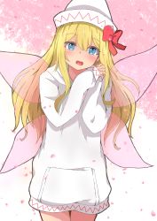 Rule 34 | 1girl, alternate costume, blonde hair, blue eyes, blush, drawstring, fairy wings, hair between eyes, hat, hat ribbon, head on hand, head tilt, highres, hood, hood down, hoodie, interlocked fingers, lily white, long hair, looking at viewer, mizune (winter), open mouth, own hands clasped, own hands together, petals, pink background, ribbon, sleeves past wrists, solo, standing, touhou, transparent wings, two-tone background, very long hair, white hat, white hoodie, wings