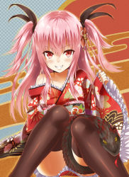 Rule 34 | 1girl, bad id, bad pixiv id, black thighhighs, blush, bow, frills, grin, hair bow, hair ornament, heirou, japanese clothes, kimono, long hair, looking at viewer, obi, off shoulder, original, pink hair, red eyes, sash, sitting, smile, snake, solo, thighhighs, twintails, two side up, yellow eyes