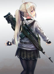 Rule 34 | 1girl, :d, ahoge, ass, black pantyhose, black skirt, blonde hair, commentary request, feet out of frame, fingerless gloves, from behind, gloves, gradient background, gun, gun sling, hair ribbon, highres, jacket, karo-chan, long hair, long sleeves, looking at viewer, looking back, military, open mouth, original, pantyhose, pleated skirt, ponytail, purple eyes, ribbon, rifle, scope, skirt, smile, sniper rifle, solo, standing, teeth, weapon, weapon on back, weapon request