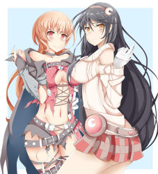 Rule 34 | 2girls, ahoge, arm warmers, ass, bandaged arm, bandages, bare shoulders, black hair, blush, breasts, closed mouth, coat, compa, compa (cosplay), cosplay, costume switch, cristina valenzuela, hairband, large breasts, long hair, looking at viewer, looking back, multiple girls, neptune (series), olly (ollycrescent), orange eyes, orange hair, parted lips, shiny skin, short shorts, shorts, sideboob, skirt, smile, sweater, tales of (series), tales of berseria, torn clothes, velvet crowe, velvet crowe (cosplay), very long hair, voice actor connection, yellow eyes
