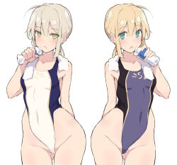Rule 34 | 2girls, ahoge, alternate costume, artoria pendragon (all), artoria pendragon (fate), bad id, bad pixiv id, blonde hair, bottle, braid, competition swimsuit, covered navel, cowboy shot, fate/grand order, fate/stay night, fate (series), flat chest, french braid, gluteal fold, green eyes, groin, highleg, highleg swimsuit, highres, kekemotsu, long hair, looking at viewer, low ponytail, multiple girls, official alternate costume, one-piece swimsuit, open mouth, purple one-piece swimsuit, saber (fate), saber (summer battle clothes) (fate), saber alter, simple background, standing, swimsuit, thigh gap, towel, towel around neck, water bottle, white background, white one-piece swimsuit, white towel, yellow eyes