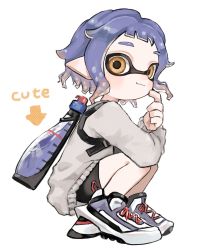Rule 34 | 1girl, arrow (symbol), bike shorts, black shorts, closed mouth, finger to face, full body, grey sweater, highres, index finger raised, ink tank (splatoon), inkling, inkling girl, inkling player character, long sleeves, multicolored footwear, nintendo, orange eyes, plum0o0, pointy ears, purple hair, shoes, short hair, shorts, simple background, smile, solo, splatoon (series), splatoon 3, squatting, sweater, tentacle hair, white background