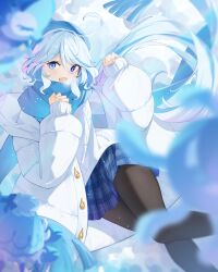 Rule 34 | 1girl, absurdres, black pantyhose, blue eyes, blue nails, blue skirt, blurry, blurry foreground, coat, floating hair, furina (genshin impact), genshin impact, hair between eyes, heterochromia, highres, long hair, long sleeves, miniskirt, mismatched pupils, nail polish, open clothes, open coat, pantyhose, plaid, plaid skirt, ponytail, qi di xiong, ribbed sweater, skirt, sleeves past wrists, solo, sweater, very long hair, white coat, white hair, white sweater