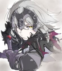 Rule 34 | 1girl, armored gloves, couter, fate/grand order, fate (series), fur collar, fur trim, head tilt, headpiece, highres, hilt, jeanne d&#039;arc alter (avenger) (fate), jeanne d&#039;arc alter (fate), looking at viewer, pale skin, parted lips, ri o ne su, serious, simple background, solo, tsurime, white background, yellow eyes