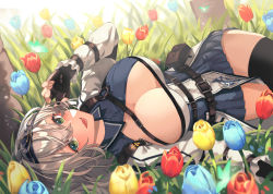 Rule 34 | 1girl, absurdres, belt, belt buckle, belt pouch, black thighhighs, blue dress, breasts, buckle, cleavage, dress, fingerless gloves, flower, gloves, green eyes, grey hair, hair between eyes, hairband, highres, hololive, large breasts, lying, mole, mole on breast, on back, open mouth, pleated dress, pouch, roco (rocoroco1115), shirogane noel, shirogane noel (1st costume), short dress, short hair, smile, solo, thighhighs, tulip, virtual youtuber