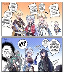 Rule 34 | ..., 1boy, 2koma, 6+girls, :d, aether (genshin impact), ahoge, bare shoulders, black gloves, blonde hair, blue eyes, bow, breasts, cleavage, comic, commentary, counter:side, crossover, crowbar, dash (counter:side), english commentary, english text, floating, ganyu (genshin impact), genshin impact, gloves, green hair, hair between eyes, halo, highres, holding, horizon (counter:side), horns, industrial pipe, long hair, long sleeves, look-alike, low ponytail, lumine (genshin impact), machine-g.a.p., mechanical halo, medium breasts, mhunter 45, multiple girls, open mouth, paimon (genshin impact), rita arsenico, robot, short hair, short sleeves, sidelocks, small breasts, smile, speech bubble, white hair, yellow eyes
