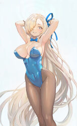 Rule 34 | 1girl, arms up, asuna (blue archive), asuna (bunny) (blue archive), blonde hair, blue archive, blue bow, blue bowtie, blue eyes, blue leotard, blue ribbon, blush, bow, bowtie, breasts, hair over one eye, highleg, highleg leotard, leotard, long hair, looking at viewer, mole, mole on breast, official alternate costume, pantyhose, playboy bunny, ribbon, smile, solo, strapless, strapless leotard, traditional bowtie, very long hair, yugen99
