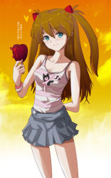 Rule 34 | 1girl, bare legs, bare shoulders, blue eyes, blush, box, breasts, brown hair, candy, casual, chocolate, chocolate heart, closed mouth, collarbone, dokuro-san, food, gift, gift box, happy valentine, heart, looking at viewer, medium breasts, neon genesis evangelion, skirt, sky, smile, solo, souryuu asuka langley, standing, translation request, tsundere, twintails, two side up, valentine