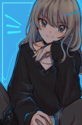 Rule 34 | 1girl, black choker, black footwear, black pantyhose, black sweater, blue background, blue shorts, boots, can, choker, clenched teeth, commentary, girls band cry, grey eyes, grey hair, hair between eyes, haruto (artist), head rest, highres, holding, holding can, kawaragi momoka, long hair, long sleeves, looking at viewer, open mouth, pantyhose, pantyhose under shorts, shorts, sidelocks, sleeves past wrists, solo, sweater, teeth