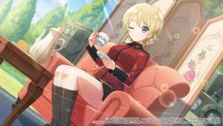 Rule 34 | 1girl, ;), armchair, artist request, assault lily, black footwear, black skirt, blonde hair, blue eyes, blue sky, boots, braid, breasts, buttons, cake, carpet, chair, churchill (tank), closed mouth, cloud, crossover, cup, darjeeling (girls und panzer), day, dutch angle, emblem, epaulettes, feet out of frame, fingernails, food, girls und panzer, hands up, highres, holding, holding cup, holding saucer, insignia, jacket, knee boots, legs together, lens flare, light particles, long sleeves, looking at viewer, medium breasts, military, military jacket, military uniform, military vehicle, miniskirt, motor vehicle, official art, on chair, one eye closed, outdoors, plate, pleated skirt, red jacket, saucer, short hair, sitting, skirt, sky, smile, solo, st. gloriana&#039;s (emblem), st. gloriana&#039;s military uniform, table, tank, tea set, teacup, teapot, thighs, tree, uniform, watermark, webp-to-png conversion