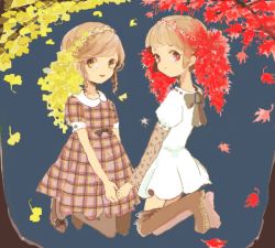 Rule 34 | 2girls, autumn, autumn leaves, bad id, bad pixiv id, blonde hair, blue background, boots, brown dress, detached sleeves, dress, falling leaves, flats, hair ornament, holding hands, kneeling, leaf, looking at viewer, multiple girls, nucco, original, pantyhose, plaid, plaid dress, simple background, smile, thighhighs, wreath