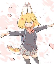 Rule 34 | 1girl, alternate costume, animal ears, backpack, bag, black sweater, black thighhighs, blonde hair, blue bag, blush, bow, bowtie, cat ears, cat girl, cat tail, cherry blossoms, grey skirt, highres, kemono friends, long sleeves, outstretched arms, plaid, plaid skirt, pleated skirt, red bow, red bowtie, school uniform, serval (kemono friends), short hair, skirt, solo, sweater, symbol-only commentary, tail, thighhighs, wamawmwm, yellow eyes, zettai ryouiki