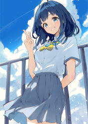 1girl absurdres against_railing blue_bow blue_bowtie blue_eyes blue_hair bow bowtie breasts cloud collared_shirt commentary contrail cumulonimbus_cloud day dress_shirt grey_skirt hand_up highres kodamazon long_hair looking_at_viewer make_heroine_ga_oo_sugiru! medium_breasts open_mouth pleated_skirt railing school_uniform shirt shirt_tucked_in skirt smile solo v white_shirt yanami_anna yellow_bow yellow_bowtie