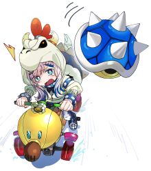 Rule 34 | 1girl, blue eyes, blue hair, blue shell (mario), blush, bright pupils, cosplay, dry bowser, dry bowser (cosplay), flying, grey hair, highres, hololive, hololive indonesia, looking up, mario (series), mario kart, mario kart 8, motion lines, multicolored hair, nintendo, open mouth, pavolia reine, scared, tearing up, virtual youtuber, wavy mouth, white pupils, wiggler, wild wiggler, yomosaka