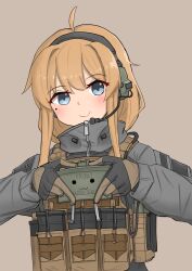 Rule 34 | 1girl, absurdres, ahoge, blonde hair, blue eyes, blush, claymore (mine), commentary, english commentary, english text, explosive, gloves, hair between eyes, headset, highres, holding, holding weapon, indie virtual youtuber, long sleeves, looking at viewer, magazine (weapon), microphone, military, mine (weapon), bulletproof vest, sidelocks, smile, srtdrawart, tactical clothes, upper body, virtual youtuber, weapon, whiskey project