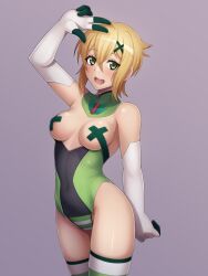 Rule 34 | 1girl, adapted costume, akatsuki kirika, alfort (may0508), blonde hair, blush, breasts, breasts out, covered erect nipples, covered navel, gloves, green eyes, green leotard, hair ornament, highres, leotard, medium breasts, open mouth, senki zesshou symphogear, shiny skin, short hair, smile, solo, striped clothes, striped thighhighs, thighhighs, v, x hair ornament