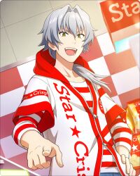Rule 34 | 1boy, fingernails, grey hair, hair between eyes, hand on own hip, hood, hoodie, idolmaster, idolmaster side-m, idolmaster side-m growing stars, kizaki ren, male focus, official art, open mouth, pointing, ponytail, red hoodie, shirt, solo, striped clothes, striped shirt, teeth, yellow eyes, zipper