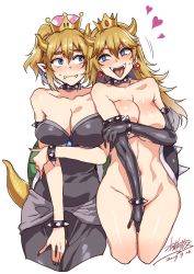 Rule 34 | 2girls, armlet, bad id, bad twitter id, bare shoulders, black collar, black dress, blonde hair, bowser, bowser (cosplay), bowsette, bracelet, breasts, cfnf, cleavage, closed mouth, clothed female nude female, collar, collarbone, commentary, cosplay, covering privates, covering breasts, covering crotch, cropped legs, crown, dated, dress, earrings, elbow gloves, english commentary, fangs, fangs out, gloves, groin, hand on own arm, heart, high ponytail, horns, jewelry, large breasts, long hair, looking at another, mario (series), mizuryu kei, multiple girls, navel, new super mario bros. u deluxe, nintendo, nude, open mouth, pointy ears, ponytail, princess peach, sharp teeth, shoulder-to-shoulder, signature, simple background, smile, spiked armlet, spiked collar, spiked shell, spiked tail, spikes, stomach, strapless, strapless dress, super crown, tail, teeth, turtle shell, unaligned breasts, white background