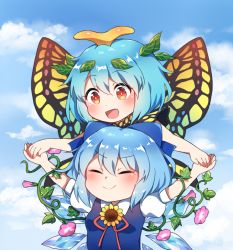 Rule 34 | 2girls, :&gt;, :d, antennae, behind another, blue bow, blue hair, blue sky, blush, bow, butterfly wings, cirno, closed eyes, cloud, day, eternity larva, flower, hair between eyes, hair bow, holding hands, insect wings, kaoling, leaf, leaf on head, looking at another, looking down, morning glory, multiple girls, open mouth, outdoors, outstretched arms, puffy short sleeves, puffy sleeves, red eyes, red ribbon, ribbon, short hair, short sleeves, sky, smile, spread arms, sunflower, touhou, upper body, wings