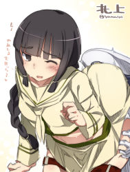 Rule 34 | 10s, admiral (kancolle), bent over, black hair, braid, character name, grabbing, grabbing from behind, head under skirt, highres, kantai collection, kitakami (kancolle), midriff, skirt, super zombie, translation request, twitter username, wince