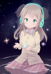 Rule 34 | 1girl, aged down, buttons, child, green eyes, hand on headphones, head wings, hide 0, hirschgeweih antennas, jacket, light brown hair, long hair, luminous witches, night, night sky, shirt, skirt, sky, smile, solo, sparkle, star (sky), starry sky, virginia robertson, white shirt, wings, world witches series