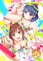 Rule 34 | 2girls, :d, arm support, barefoot, beret, bikini, breasts, brown eyes, brown hair, cleavage, collarbone, domestic na kanojo, front-tie top, hairband, hat, large breasts, looking at viewer, looking up, medium breasts, multicolored bikini, multicolored clothes, multicolored hairband, multicolored headwear, multiple girls, open mouth, paint splatter, paint tube, paintbrush, painting (action), sasuga kei, sitting, smile, swimsuit, tachibana hina, tachibana rui, wariza, water