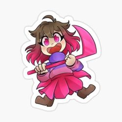 Rule 34 | bad tag, bete noire, boots, brown hair, clothes, glitchtale, pink eyes, pink hair, pink shirt, purple shirt, scythe, shirt, short hair, skirt, smile, wearing clothes, white background