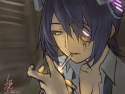 Rule 34 | 10s, 1girl, baffu, black hair, breasts, cigarette, cleavage, collarbone, collared shirt, dated, eyepatch, fire, headgear, highres, kantai collection, lighter, loose necktie, necktie, scar, shirt, short hair, signature, solo, tenryuu (kancolle), yellow eyes