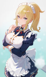 Rule 34 | 1girl, absurdres, alternate costume, apron, blonde hair, blue dress, blue eyes, closed mouth, collared dress, commentary request, cowboy shot, dress, enmaided, framed breasts, genshin impact, hand up, highres, jean (genshin impact), jingtailan, long hair, long sleeves, looking at viewer, maid, maid apron, maid headdress, ponytail, solo, white apron