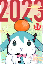 Rule 34 | 2023, animal, animalization, aqua background, aqua necktie, black eyes, border, bow, bowtie, checkered background, chinese zodiac, circle, closed mouth, egasumi, expressionless, food, food on head, fruit, fruit on head, gradient background, green background, hair ornament, hatsune miku, headset, highres, kanji, leaf, light blue background, looking at viewer, mandarin orange, monitaros 393, multicolored background, necktie, no humans, object on head, pink bow, pink bowtie, rabbit, red background, seigaiha, simple background, tie clip, translation request, triangle, vocaloid, whiskers, white border, year of the rabbit, yellow background