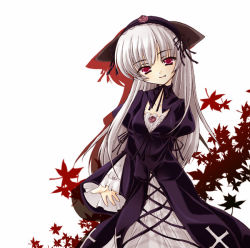 Rule 34 | 1girl, animal ears, cat ears, dress, fang, flower, gothic lolita, hairband, head tilt, lolita fashion, long hair, looking at viewer, pale skin, pink eyes, purple eyes, rose, rozen maiden, setins, silver hair, simple background, smile, solo, suigintou, white background