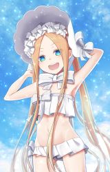Rule 34 | 1girl, abigail williams (fate), abigail williams (swimsuit foreigner) (fate), abigail williams (swimsuit foreigner) (third ascension) (fate), armpits, arms up, bare shoulders, bikini, blonde hair, blue eyes, blush, bonnet, bow, breasts, fate/grand order, fate (series), forehead, hair bow, highres, long hair, looking at viewer, miniskirt, navel, nenosame, open mouth, parted bangs, sidelocks, skirt, small breasts, smile, solo, swimsuit, thighs, twintails, very long hair, white bikini, white bow, white headwear