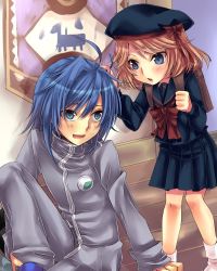 Rule 34 | 10s, 1boy, 1girl, ahoge, backpack, bag, blonde hair, blue eyes, blue hair, bow, bowtie, brother and sister, cardfight!! vanguard, grabbing another&#039;s hair, hat, hat ribbon, naridon, open mouth, ribbon, school uniform, sendou aichi, sendou emi, siblings, smile
