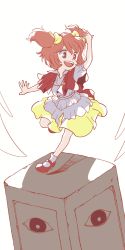 Rule 34 | 1girl, arc the lad, bobby socks, bow, choko (arc the lad), commentary request, dress, hair ribbon, happy, highres, open mouth, red hair, ribbon, shawl, shoes, short hair, short twintails, skirt, smile, socks, solo, twintails, yellow bow