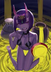 Rule 34 | 1girl, absurdres, bare shoulders, barefoot, collarbone, colored skin, covered erect nipples, cup, eric ueda, eyeshadow, fate (series), gem, gradient horns, green gemstone, highres, holding, holding cup, horns, liquid, looking at viewer, makeup, multicolored horns, navel, oni, open mouth, pot, purple eyes, purple hair, purple skin, red eyeshadow, ripples, sakazuki, short hair, shuten douji (fate), sitting, skin-covered horns, smile, solo, storage pot, teeth, upper teeth only, wariza