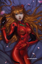 Rule 34 | 00s, 1girl, blue eyes, blurry, breasts, breasts apart, cherry blossoms, cowboy shot, depth of field, earrings, evangelion: 2.0 you can (not) advance, from above, hair between eyes, highres, indoors, jewelry, legs together, lying, motion blur, narrow waist, neon genesis evangelion, orange hair, plugsuit, realistic, rebuild of evangelion, skin tight, solo, souryuu asuka langley, specv, stud earrings, tongue, watermark, web address