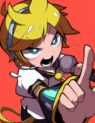 Rule 34 | 1boy, bass clef, bis814, black sailor collar, black shorts, black sleeves, blonde hair, blue eyes, detached sleeves, foreshortening, headphones, headset, highres, holding, holding microphone, index finger raised, kagamine len, male focus, microphone, music, necktie, open mouth, pointing, red background, sailor collar, sailor shirt, serious, shirt, short sleeves, shorts, singing, sweat, teeth, v-shaped eyebrows, vocaloid, white shirt, yellow necktie