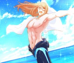 Rule 34 | 10s, 1boy, :d, bishounen, bodysuit, brown eyes, brown hair, cowboy shot, diving suit, groin, idolmaster, idolmaster side-m, koron chris, long hair, looking to the side, male focus, muscular, nipples, ocean, open mouth, outstretched arms, smile, solo, sparkle, toned, toned male, wetsuit