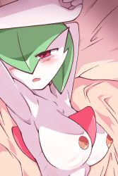 Rule 34 | armpits, bed, blush, breasts, colored skin, creatures (company), game freak, gardevoir, gen 3 pokemon, large breasts, nintendo, nipples, nude, open mouth, pokemon, pokemon (creature), solo, sweat, uranoyoru, white skin