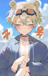 Rule 34 | 1boy, animal ears, bishounen, blonde hair, blue sky, blush, choker, closed eyes, devy lobotomy, goggles, goggles on head, highres, jacket, korean commentary, korean text, limbus company, male focus, open clothes, open jacket, outdoors, project moon, short hair, sinclair (project moon), sky, solo, translation request, yellow eyes