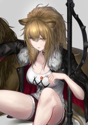 Rule 34 | 1girl, absurdres, animal ears, arknights, black choker, black jacket, breasts, brown eyes, brown hair, candy, choker, cleavage, commentary request, cutoffs, feet out of frame, food, grey background, hair between eyes, highres, holding, holding food, jacket, korean commentary, large breasts, lion, lion ears, lion tail, lollipop, long hair, long sleeves, looking at viewer, mixed-language commentary, monegi, open clothes, open jacket, parted lips, partial commentary, red shorts, shadow, shirt, short shorts, shorts, siege (arknights), simple background, sitting, tail, tank top, thighs, weapon, white shirt