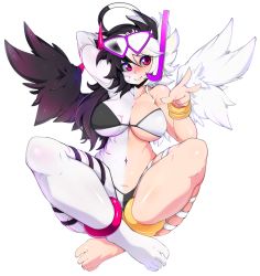 Rule 34 | 1girl, arm behind head, bad id, bad tumblr id, bikini, black hair, black wings, breasts, colored skin, diving mask, diving mask on head, full body, goggles, goggles on head, halo, highres, horns, large breasts, long hair, multicolored bikini, multicolored clothes, multicolored hair, multicolored skin, original, pale skin, pink eyes, single horn, slugbox, smile, snorkel, solo, split-color hair, split theme, swimsuit, transparent background, two-tone hair, two-tone skin, white wings, wings