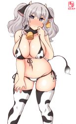 Rule 34 | 1girl, absurdres, alternate costume, animal ears, animal print, artist logo, bell, bikini, breasts, cleavage, commentary request, cow ears, cow horns, cow print, cow tail, cowbell, cowboy shot, dated, ear tag, fake animal ears, fake horns, front-tie top, gluteal fold, grey eyes, groin, highres, horns, kanon (kurogane knights), kantai collection, kashima (kancolle), large breasts, leaning forward, one-hour drawing challenge, side-tie bikini bottom, sidelocks, silver hair, simple background, solo, swimsuit, tail, thighhighs, tsurime, twintails, wavy hair, white background, white bikini, white thighhighs