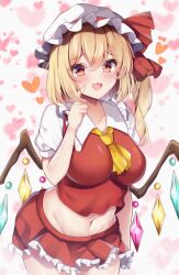 Rule 34 | 1girl, :d, blonde hair, blush, breasts, commentary request, cowboy shot, crystal, flandre scarlet, hat, hat ribbon, heart, heart background, highres, large breasts, looking at viewer, medium hair, miniskirt, mob cap, navel, one side up, open mouth, red eyes, red ribbon, red shirt, red skirt, ribbon, shirotsuki shirone, shirt, short sleeves, skirt, smile, solo, touhou, white hat, wings