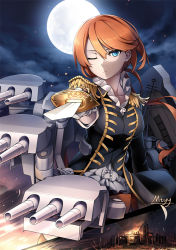Rule 34 | 1girl, artist name, black jacket, blue eyes, cannon, closed mouth, epaulettes, gloves, holding, holding sword, holding weapon, jacket, long hair, looking at viewer, low ponytail, machinery, military, military jacket, military uniform, mole, mole under eye, moon, mtyy, nelson (warship girls r), night, night sky, one eye closed, orange hair, pointing sword, red skirt, shirt, signature, skirt, sky, solo, swept bangs, sword, turret, uniform, upper body, warship girls r, weapon, white gloves, white shirt