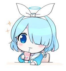 Rule 34 | 1girl, arona (blue archive), blue archive, blue eyes, blue hair, blue halo, blue shirt, blush stickers, bow, bow hairband, bowtie, braid, chair, chibi, closed mouth, colored inner hair, drinking, drinking straw, hair ornament, hair over one eye, hairband, halo, hand up, holding, long sleeves, looking to the side, milk carton, multicolored hair, puffy long sleeves, puffy sleeves, purple hair, rei (tonbo0430), ribbon, sailor collar, shirt, short hair, simple background, single braid, sitting, smile, solo, sparkle, table, white background, white bow, white bowtie, white hairband, white ribbon