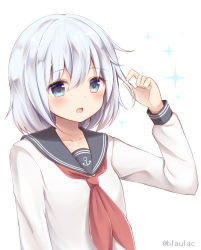 Rule 34 | 10s, 1girl, alternate hair length, alternate hairstyle, anchor symbol, arm up, bad id, bad nicoseiga id, blue eyes, blush, commentary request, eyebrows, hair between eyes, hibiki (kancolle), kantai collection, masayo (gin no ame), neckerchief, no headwear, open mouth, playing with own hair, red neckerchief, school uniform, serafuku, short hair, silver hair, simple background, solo, sparkle, twitter username, upper body, white background